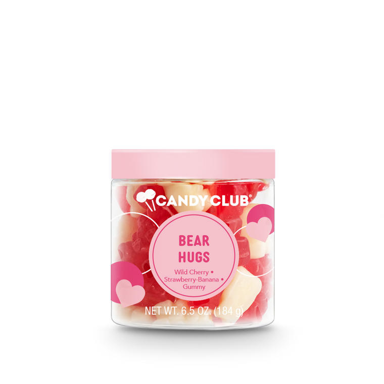 Candy container filled with pink and cream colored gummy bears.