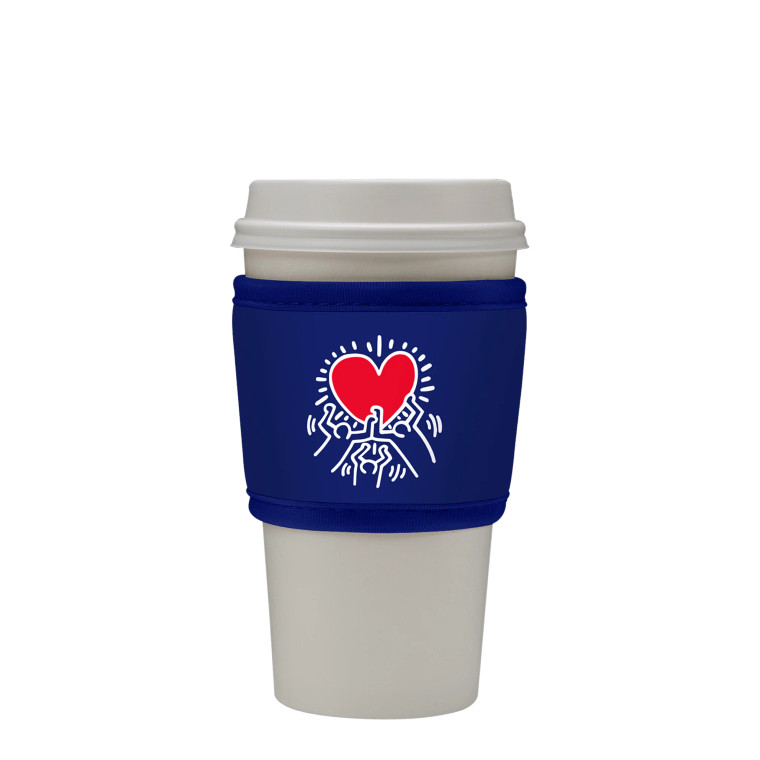 Blue coffee sleeve with Keith Haring art work, Holding Heart.