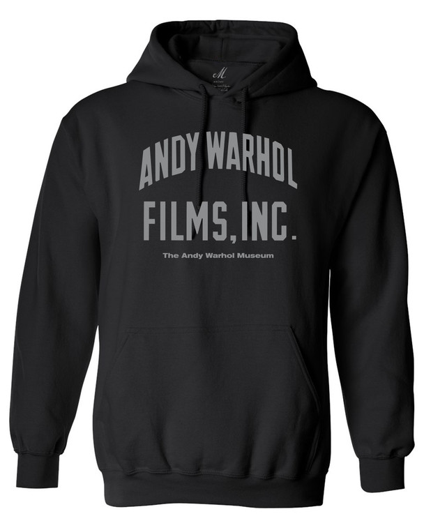 A digital mockup of a black long sleeved hooded sweatshirt with the words "Andy Warhol Films Inc. The Andy Warhol Museum" in gray