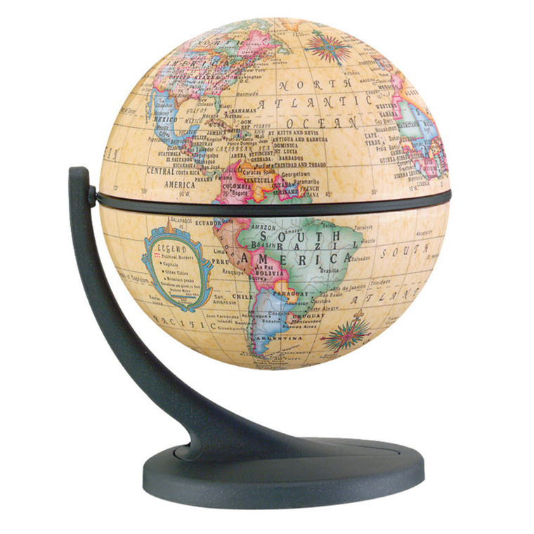 Tan globe with political markings and a black gyroscopic mount.