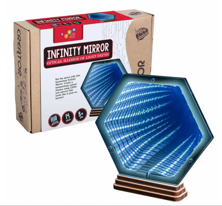 A box and the assembled hexagonal infinity mirror with blue lights it contains.