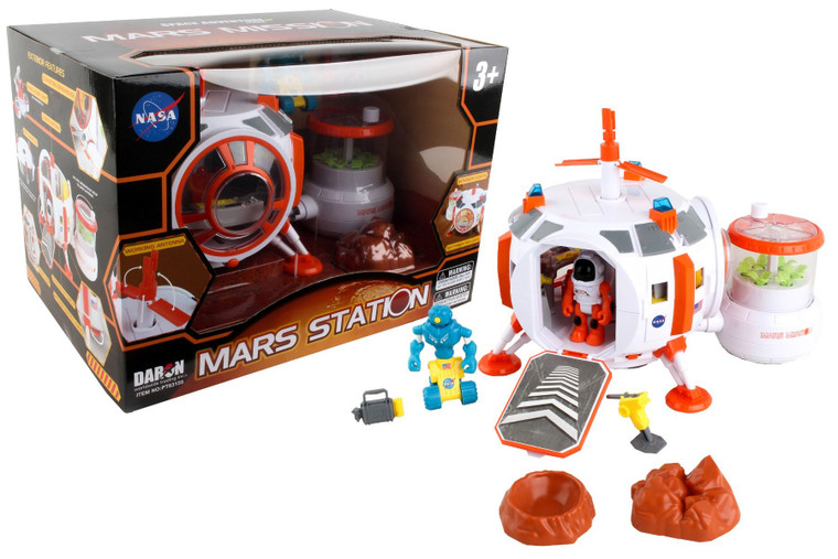 The Mars Mission Station playset box next to the playset pieces.