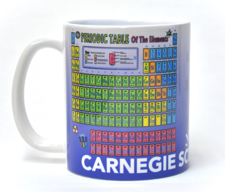 The right view of a white mug with the Periodic Table of the Elements and the Carnegie Science Center logo.