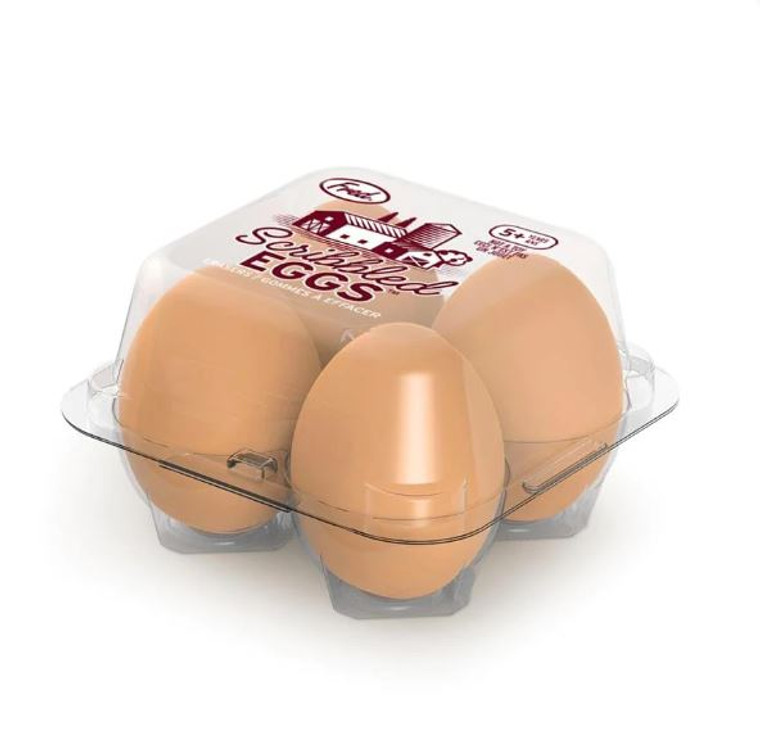 A container of four egg-shaped erasers