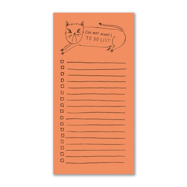 Orange rectangular notepad featuring  angry cat illustration.