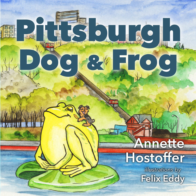 front cover of book, title "Pittsburgh dog & frog" in large blue print, with illustration of dog riding on frog's back