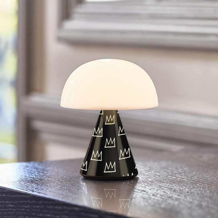 Small mushroom shaped lamp, imprinted with Basquiat crown art