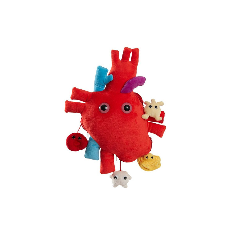 A large plush heart with small plush cells attached by strings