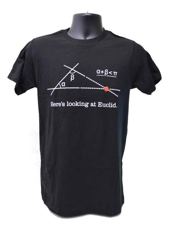 A black t-shirt with Euclidean geometry and a math pun.