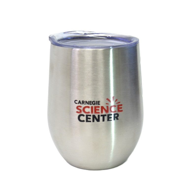 A brushed stainless steel wine tumbler with a plastic lid featuring the Carnegie Science Center logo.