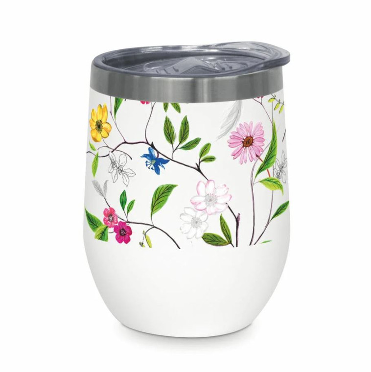 A white stainless steel tumbler with flower artwork and a plastic lid.