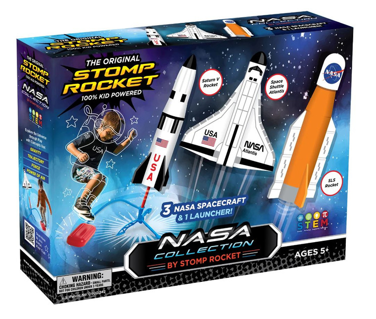 A box featuring images of a child jumping on a Stomp Rocket Launcher and three NASA-inspired rockets: a Saturn V rocket, and Space Shuttle Rocket, and an Artemis SLS Rocket.