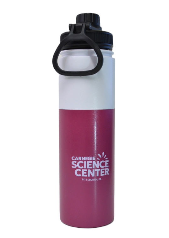 A metal water bottle that is white on the upper third and pink on the lower two thirds with a black plastic lid. The Carnegie Science Center logo is featured on the lower pink section.