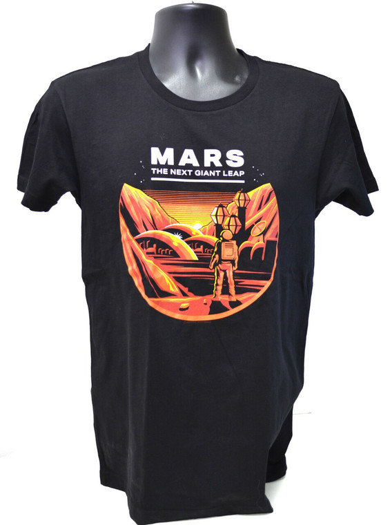 A black t-shirt featuring red-orange art of an astronaut on a Mars colony.