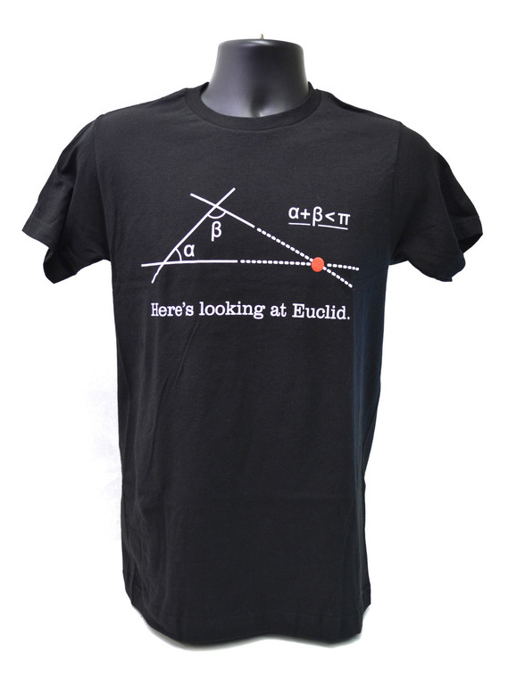 A black t-shirt with Euclidean geometry and a math pun.