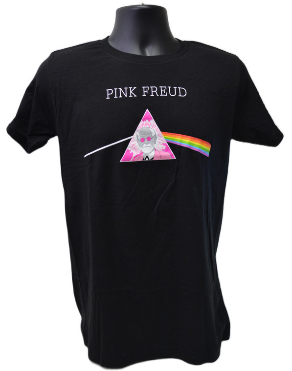 A black t-shirt with art that is a play on the Pink Floyd Dark Side of the Moon album cover with Sigmund Freud in the prism.