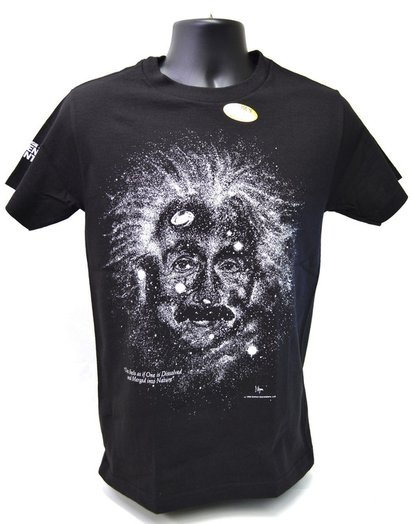 A black t-shirt with Albert Einstein superimposed over an image of the cosmos.