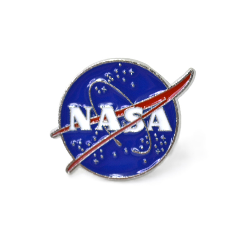 A round metal pin with an enamel NASA meatball logo.