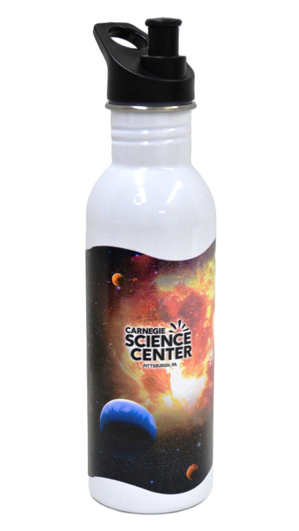 A white metal water bottle with artwork of the solar system and the Carnegie Science Center logo.