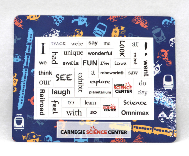 A magnetic photo frame with a dark blue, science-themed border and magnetic tiles with words relating to the Carnegie Science Center.