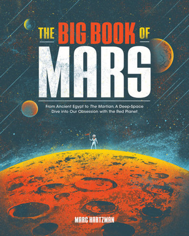 A book cover with art of a person standing on the planet Mars looking up at the Martian moons Phobos and Deimos.