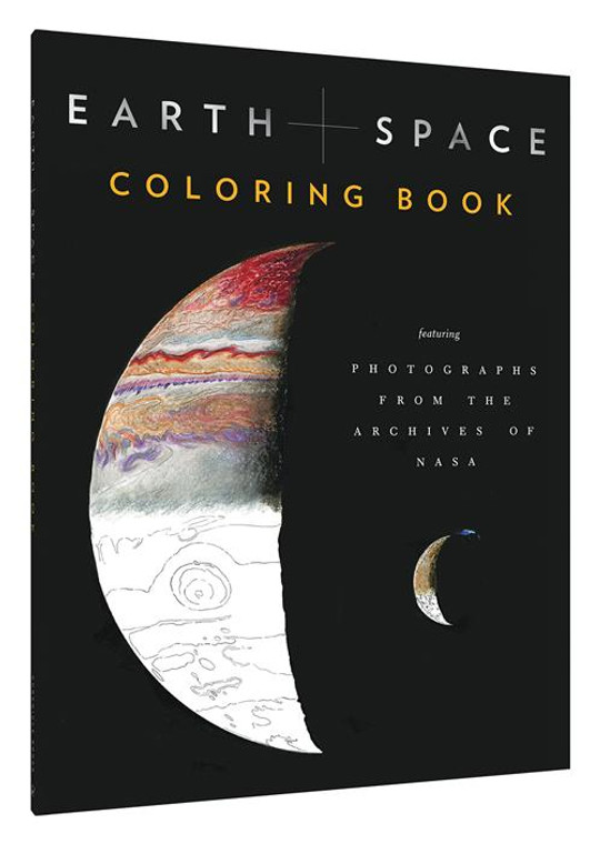 A book cover with a line art of the planet Jupiter and one of its moons partially shaded with colored pencils.