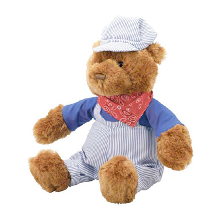 A brown plush teddy bear wearing blue and white striped overalls, a matching cap, and a re kerchief.