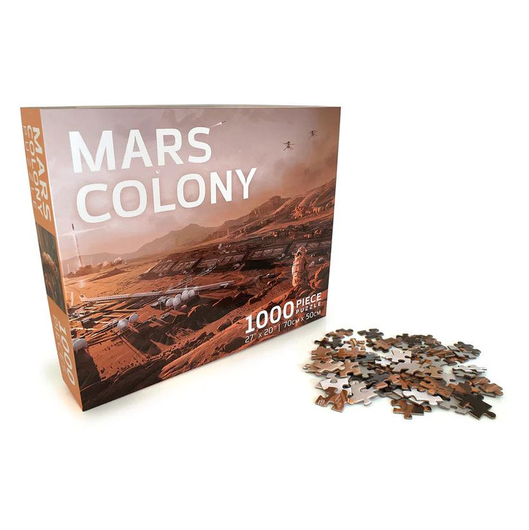 A puzzle box with artwork of what a future colony on Mars' Jezero Crater might look like next to a few pieces from the puzzle contained within.