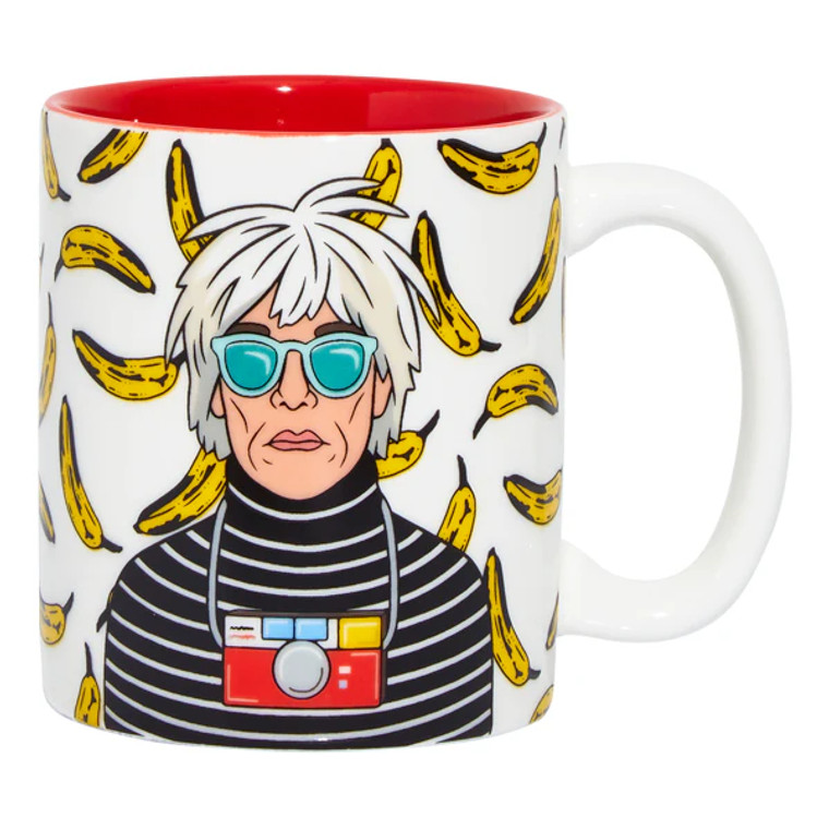 White mug with Warhol's likeness and Yellow Banana pattern, handle to the right.