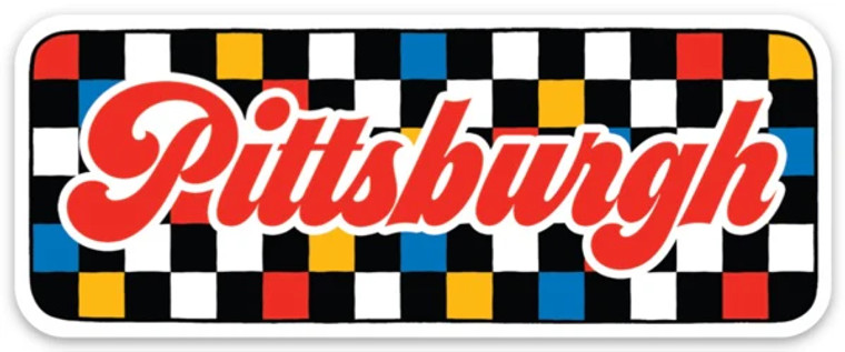 Rectangular sticker, Pittsburgh letters in red on a checkered background.