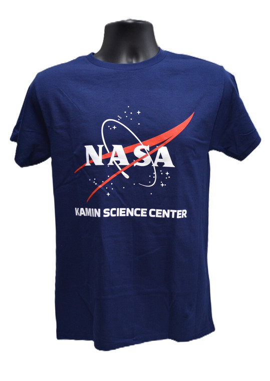 A navy blue t-shirt with the NASA vector logo and the Kamin Science Center logo.