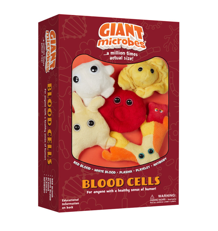 This image shows a boxed set of 5 plush mini blood cells.
