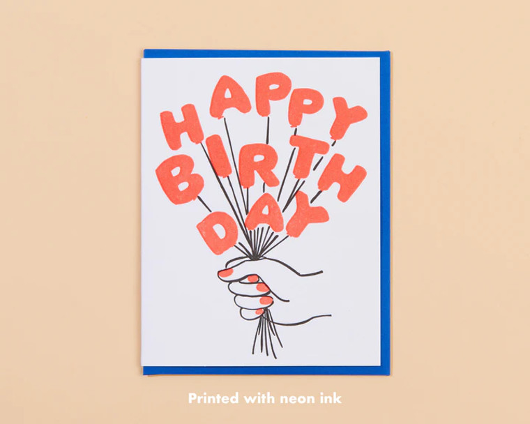 Card has an Illustration of a hand holding a Birthday Balloon Bouquet.