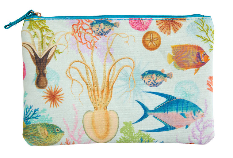 shows light blue pouch with teal zipper and ocean illustrations