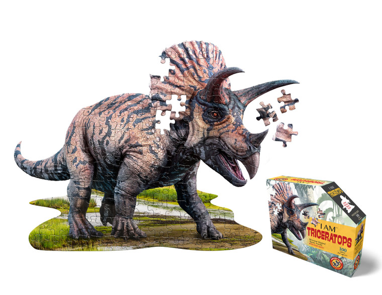 Triceratops shaped 100-piece jigsaw puzzle, poster-sized when completed.