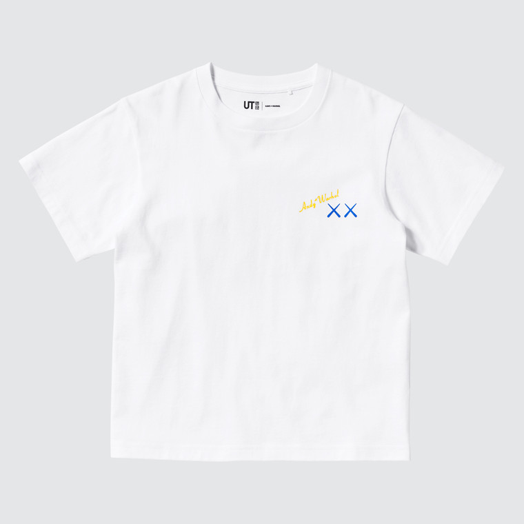 White tee, front view of KAWS and Warhol logo, left side.