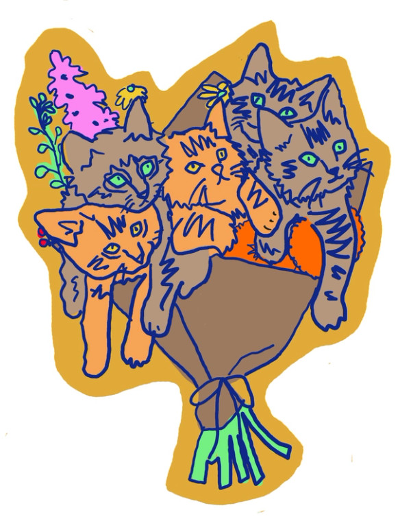 Sticker of an illustration of a bunch of cats arranged as a flower bouquet.