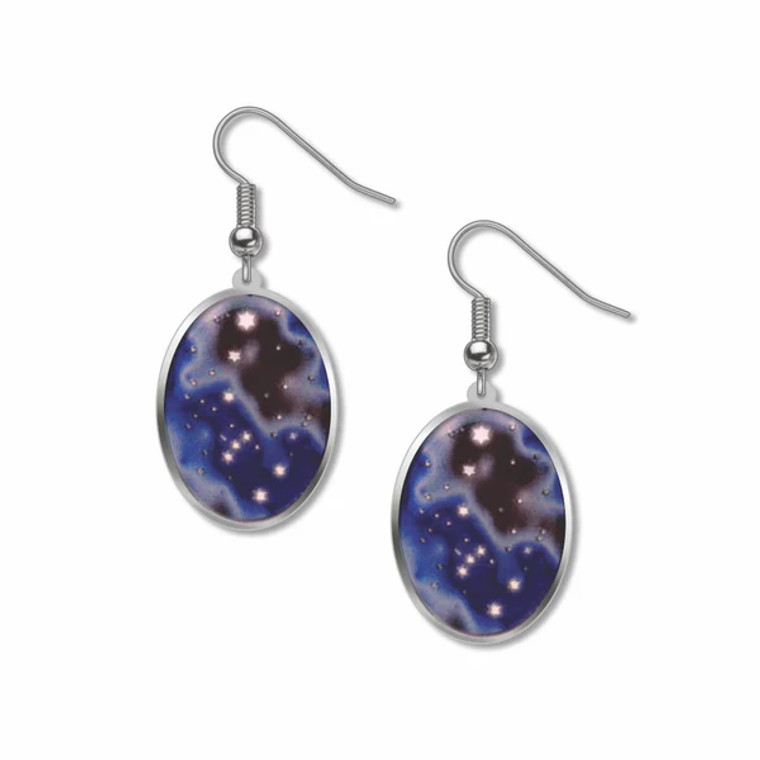 A pair of oval earrings with an image of the constellation Ursa Minor, aka The Little Dipper