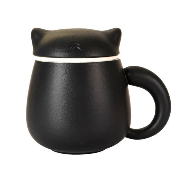 black ceramic mug with handle and lid shaped like a cat's head