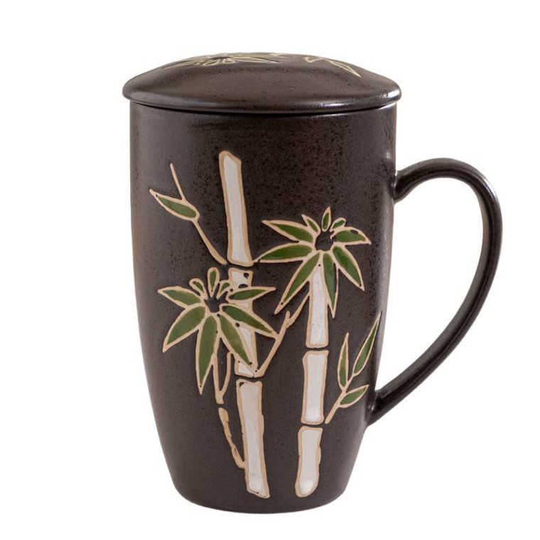 mug with lid, mug is dark brown ceramic with bamboo