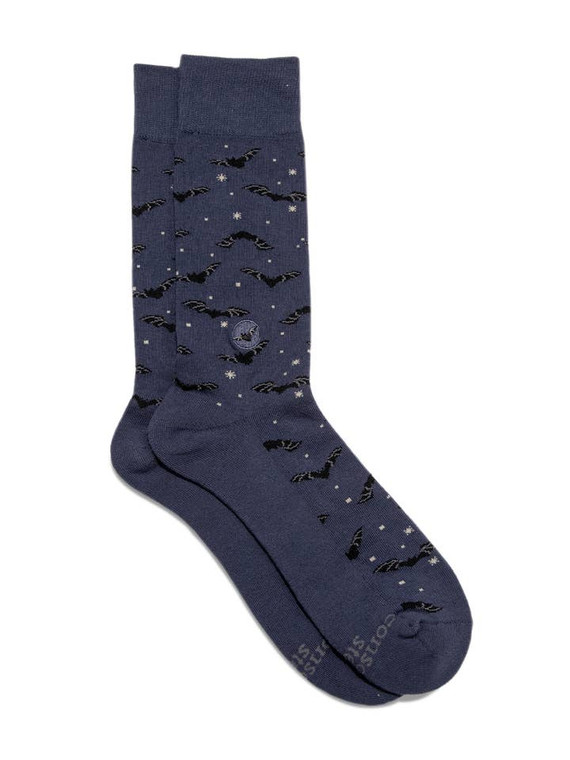 dark navy sock with black bats printed on it