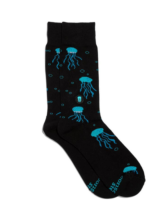 black sock with blue jellyfish and bubbles printed on it