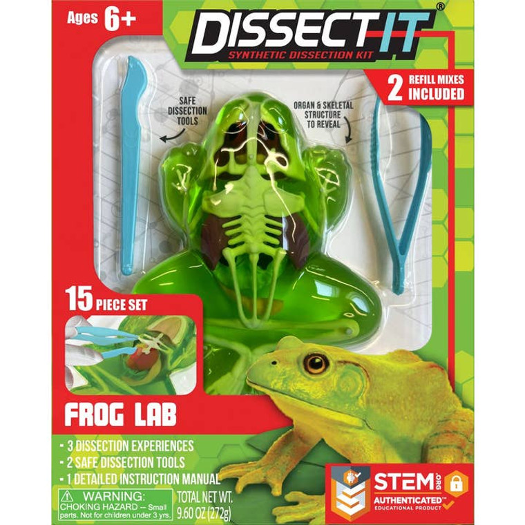 front cover of the kit, shows green gelatin frog with two kid safe dissection tools