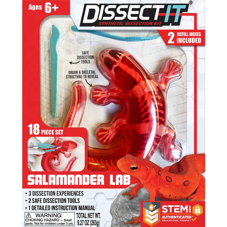 shows front cover of kit packaging, showing a red gelatin salamander with fake skeleton inside