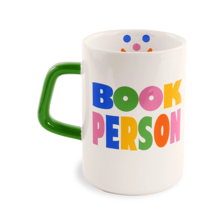 White mug with a green handle, letters in text are different colors.
"Book Person"