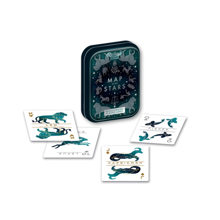 A blue box of playing cards next to an array of its contents