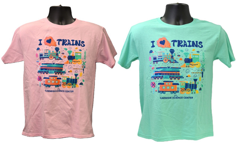 A pink t-shirt and a mint green t-shirt with illustrations of trains and locomotives