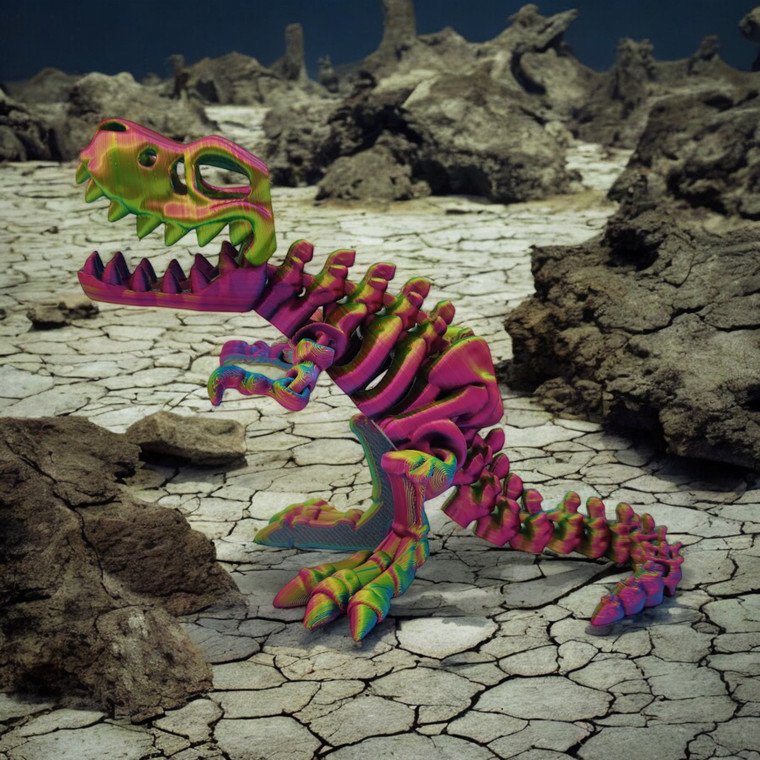 multicolored pink/yellow/green 3D printed T. Rex skeleton with open mouth on dry earth background