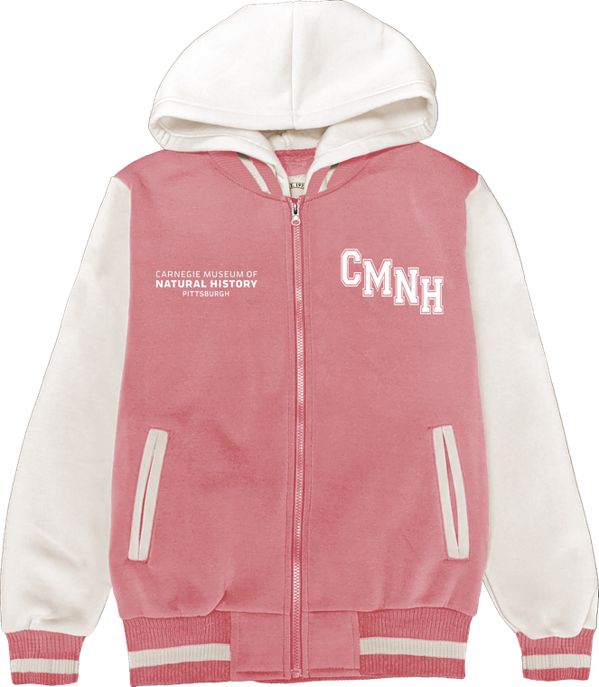 jacket has pink body with white sleeves and hood. jacket body has "CMNH" printed on the left side and "Carnegie Museum of Natural History Pittsburgh" printed on the other