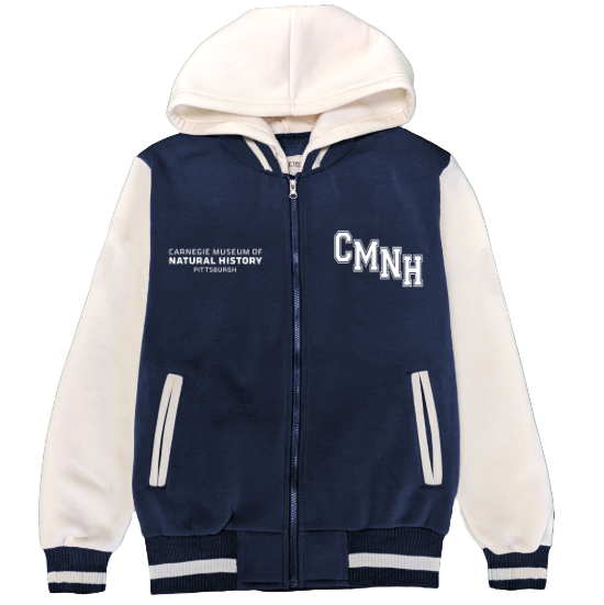 Jacket has navy body with white sleeves and hood. Jacket body has "CMNH" printed on the left side and "Carnegie Museum of Natural History Pittsburgh" printed on right.